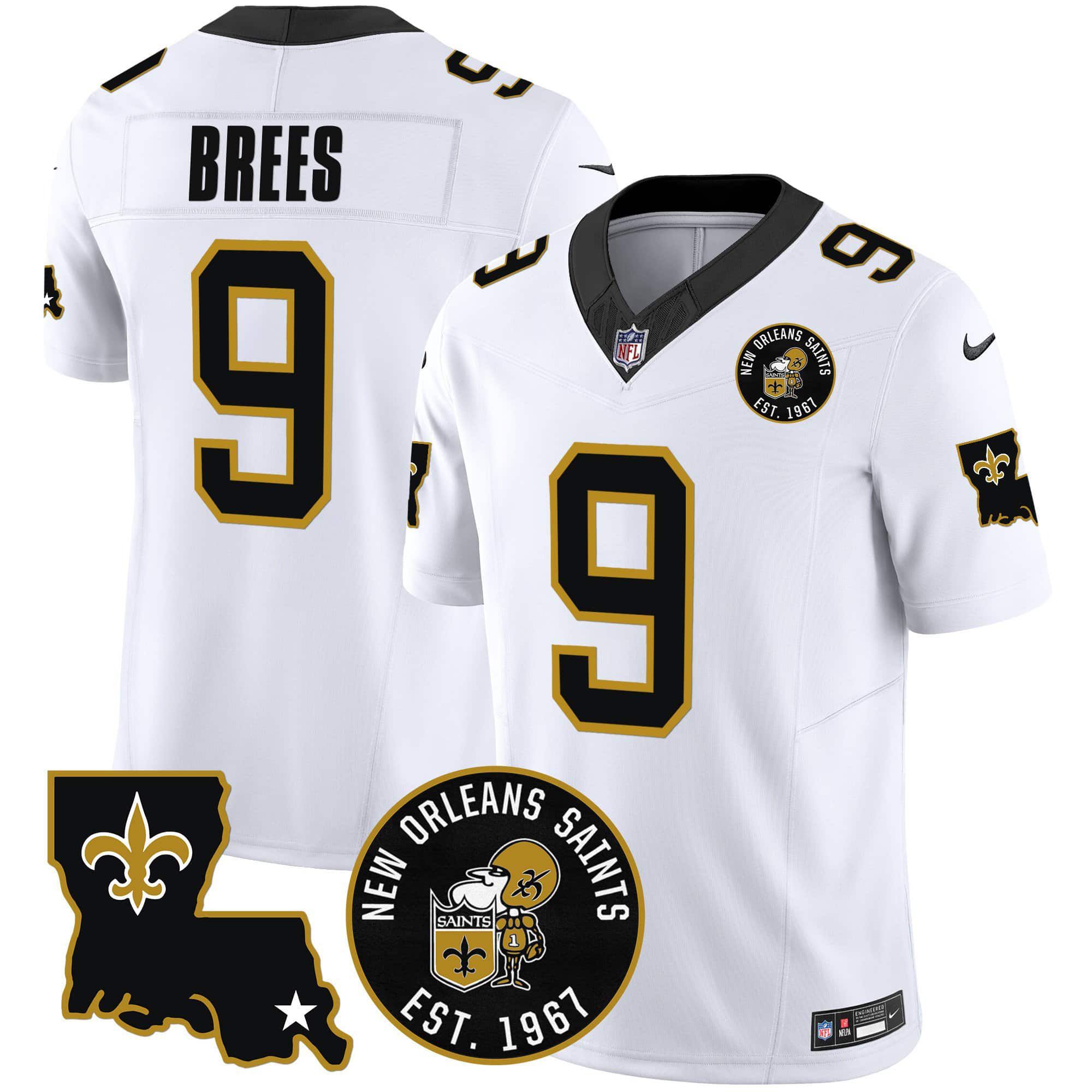 Men New Orleans Saints 9 Brees White 2024 Nike 1967 Patch Vapor Limited NFL Jersey